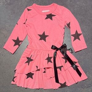 Nununu Baby Pink Star Dress 6-12M Layered Ruffle Skirt Black Stars
